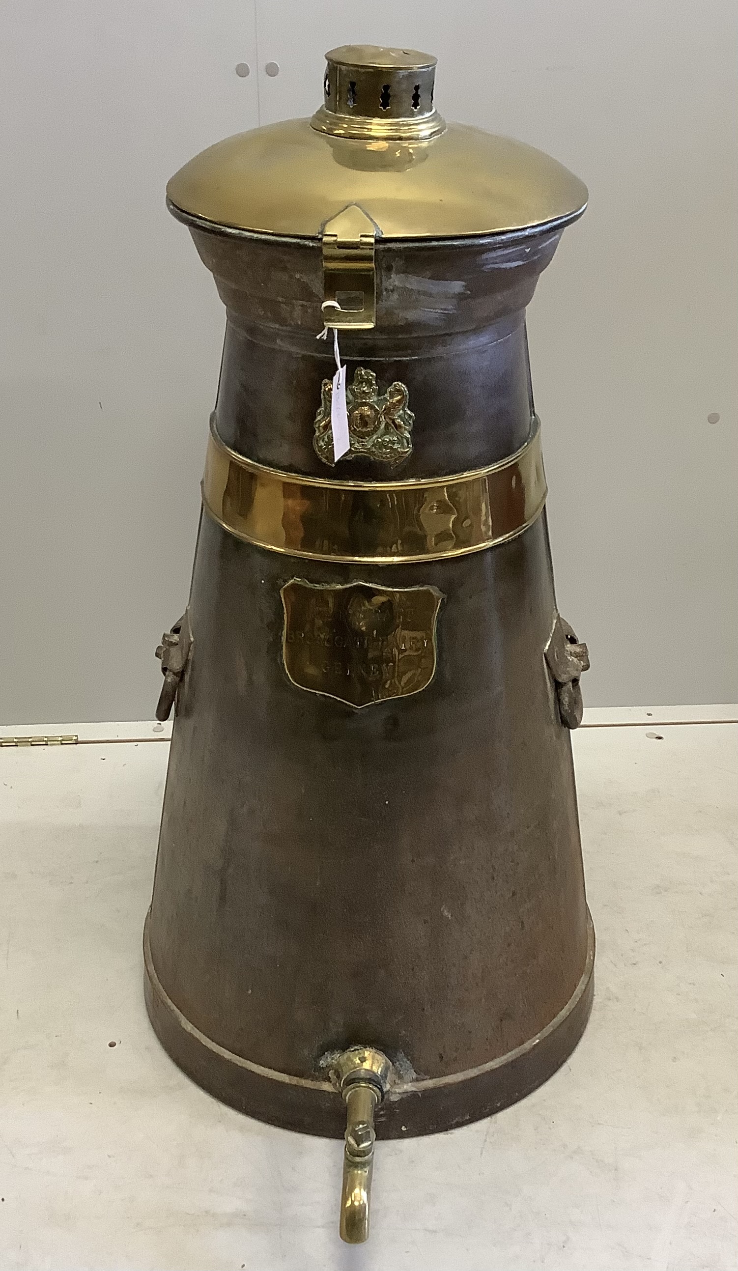 A Victorian brass mounted steel milk churn marked H.E. Parratt, Broadgate Dairy, Gedney, height 98cm